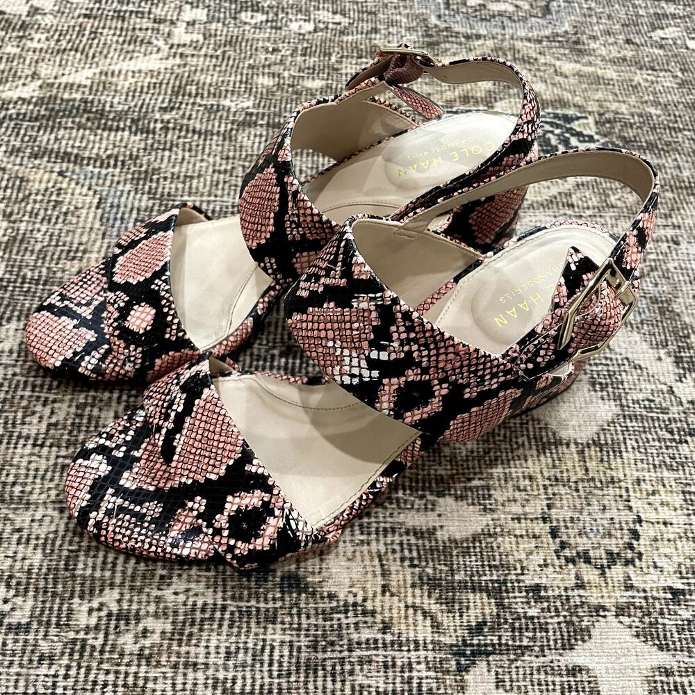 Cole Haan Avani City Pink & Black Snake Print Sandals Adjustable Straps SZ 8.5